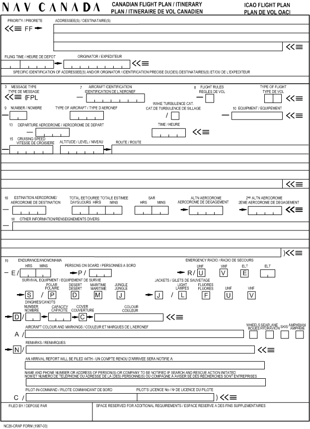 Canadian Flight Plan Form.  Langley Flying School.