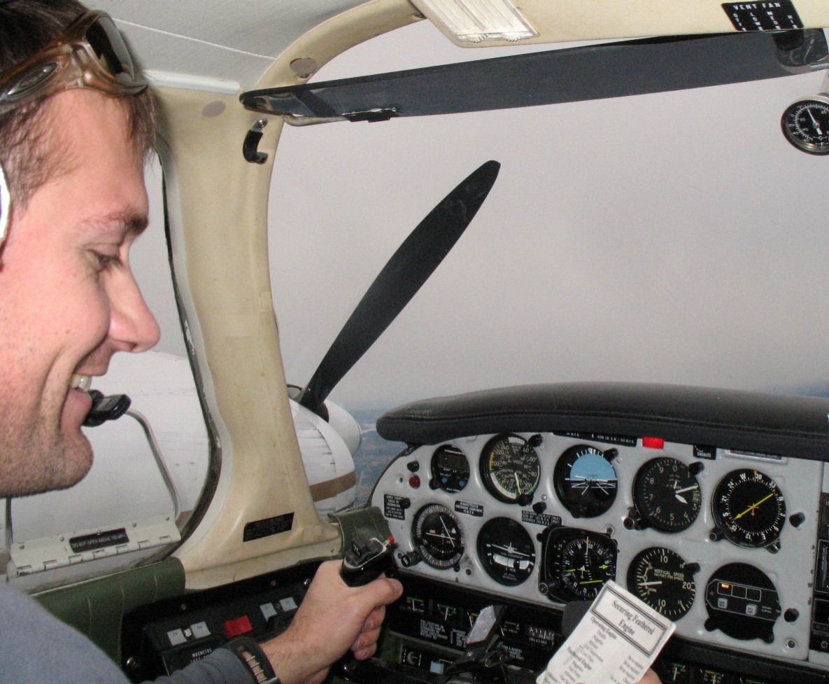 Alex Tremblay during an engine shut-down drill with Flight Instructor Philip Craig. Langley Flying School.