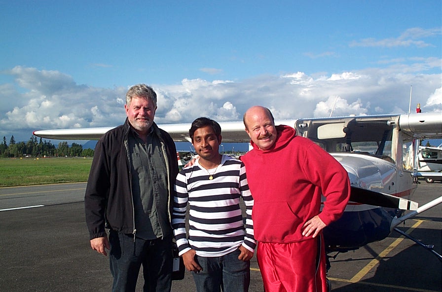 Aniket Chavan with Pilot Examiner Paul Harris and Flight Instructor David Parry. Langley Flying School.