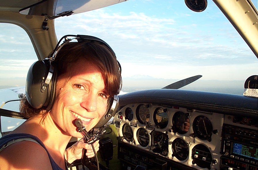 Christine Parkinson conducting an engine shut-down in Piper Seneca GURW. Langley Flying School