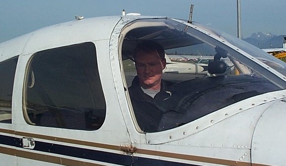 Darren Grant in the cockpit of Piper Cherokee GCEP after the completion of his First Solo Flight on October 26, 2008. Langley Flying School.
