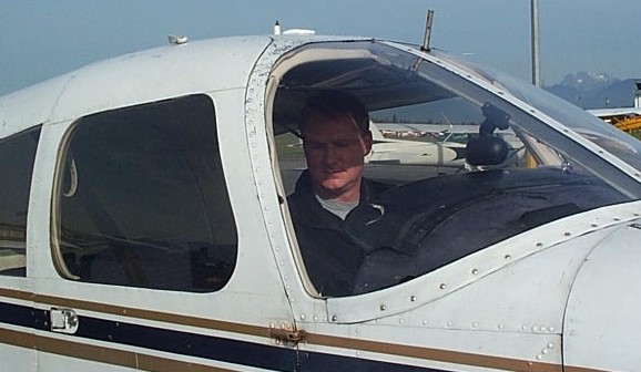 Darren Grant in the cockpit of Piper Cherokee GCEP after the completion of his First Solo Flight on October 26, 2008.  Langley Flying School.