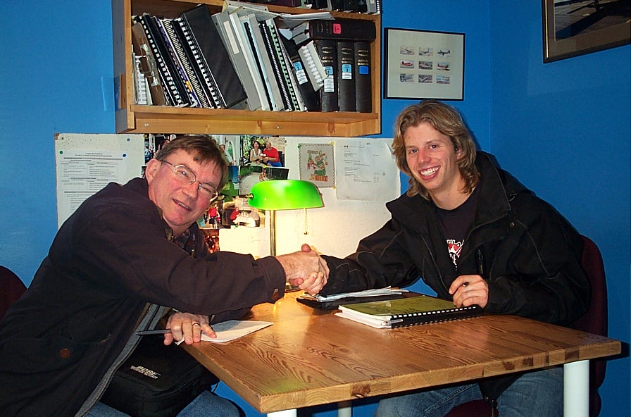 John Laing congratulates Commerical Pilot Student Darren Kroeker following the successful completion of the Flight Test for Darren's Multi-engine Class Rating.  Langley Flying School.