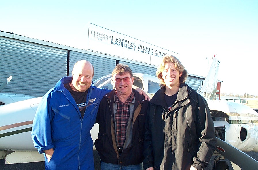 Darren Kroeker with John Laing and Dave Parry following the successful completion of his Multi-engine Class Rating.  Langley Flying School.