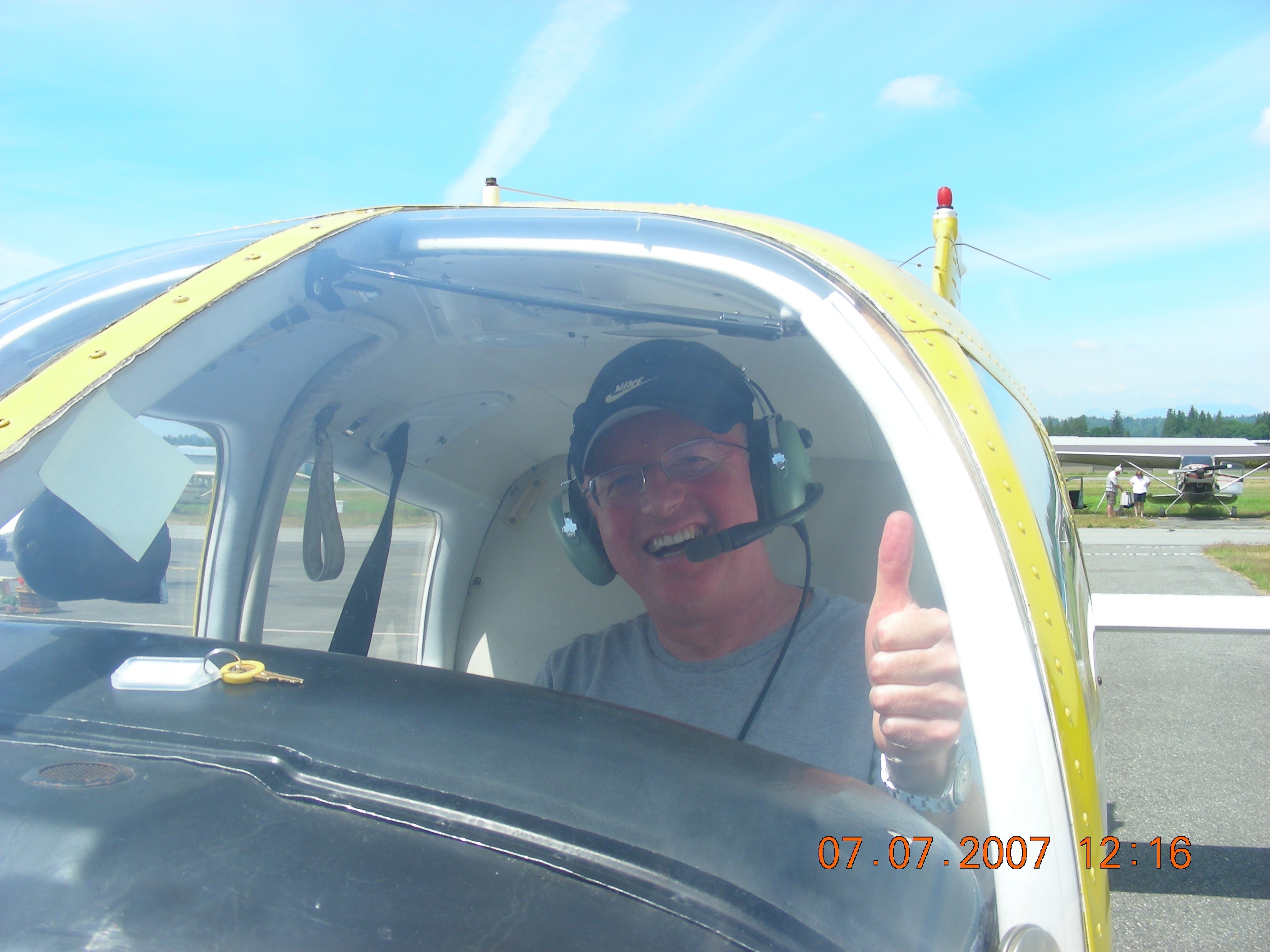 Gregg Goodfellow in the cockpit of Cherokee GODP after the completion of his First Solo Flight. Langley Flying School.