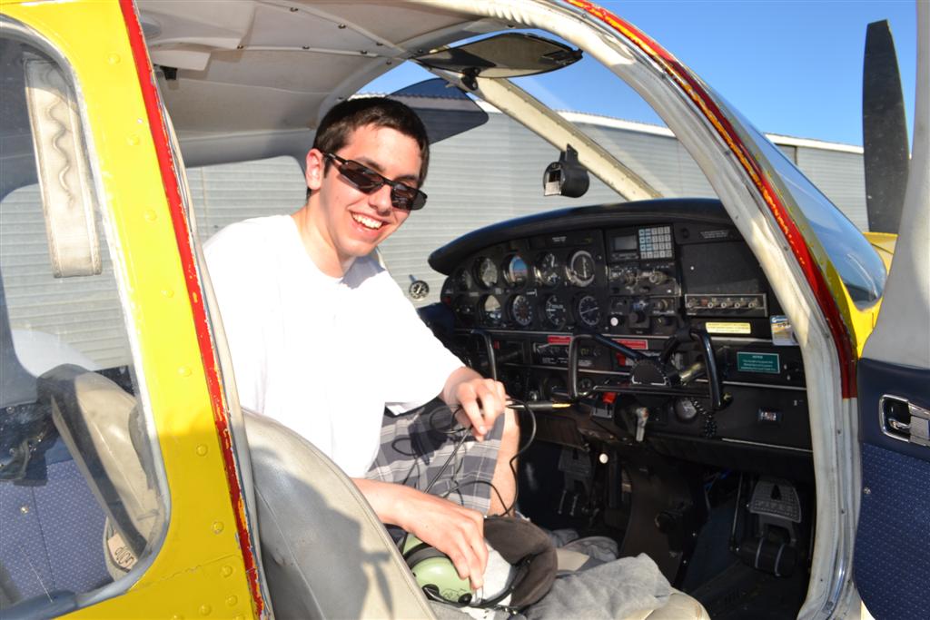 Jeff Priest in the cockpit of Cherokee GODP after the completion of his First Solo Flight on August 27, 2011. Langley Flying School