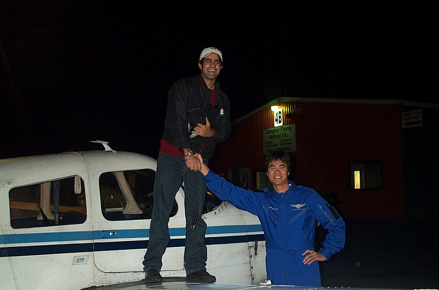 Karn Takkhar on the wing of Cherokee GNIC after the completion of his First Solo Flight on November 4, 2007. Langley Flying School