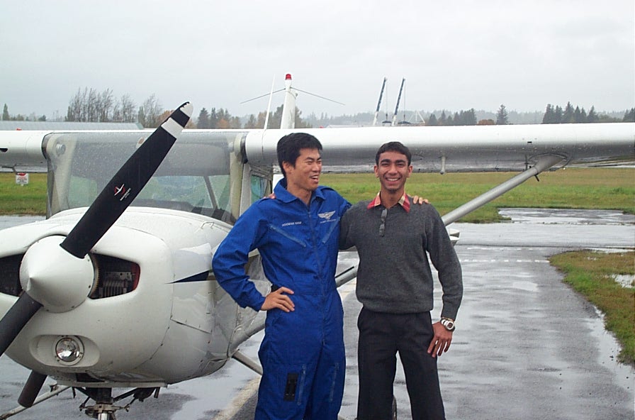 Mohammed Mohiuddin with Flight Instructor Hoowan Nam shortly after the completion of Mohammed's First Solo Flight on October20, 2007. Langley Flying School