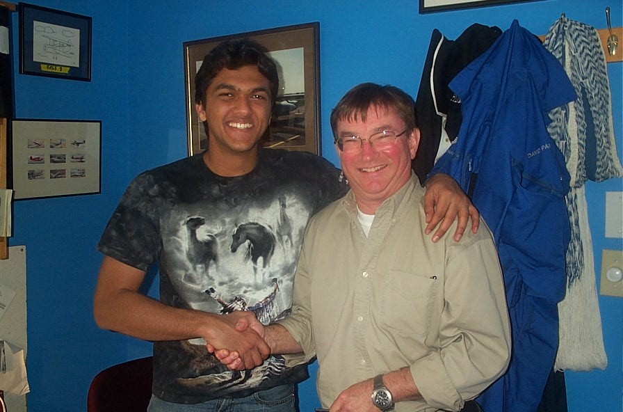 Commercial Pilot Graduate Mohit Goyle with Pilot Examiner John Laing after the the successful comletion of Mohit's Multi-engine Class Rating.  Langley Flying School.