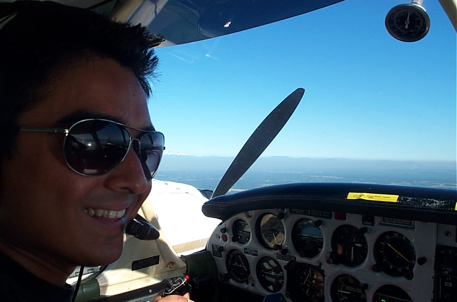 Pilot Nikhil Dongare during a Multi-engine training flight.  Langley 