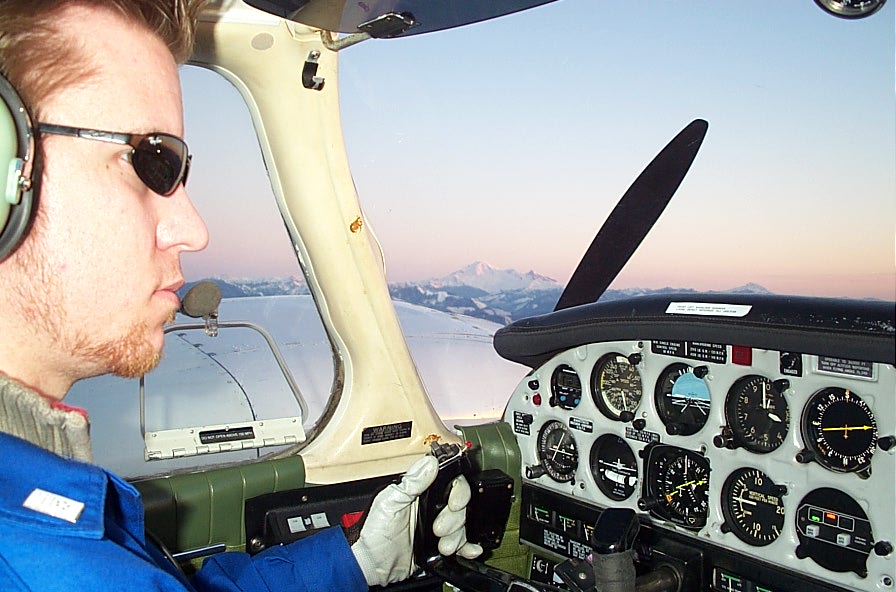 Flight Instructor Philip Craig practising a full-feather engine drill in Piper Seneca GURW. Langley Flying School.