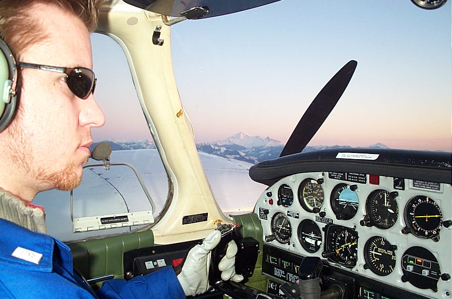 Flight Instructor Philip Craig practising a full-feather engine drill in Piper Seneca GURW.  Langley Flying School.