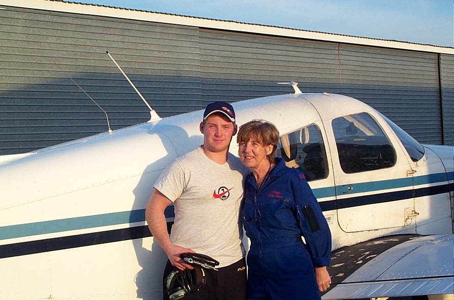 Elbert Ryhorchuk with his Flight Instructor, Rita Methorst, after his First Solo Flight. Langley Flying School.