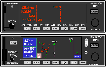 Langley Flying School's new IFR GPS, the KLN 84 (bottom) replaces the older KLN 89B (top). The new GPS includes easier access to approach loading, via the PROC button (left of screen).