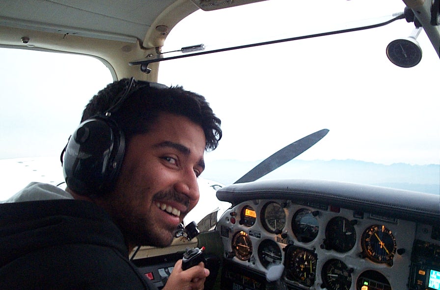 Abhinav Sonak at the controls of Piper Seneca GURW during an engine shut-down exercise.  Langley Flying School.