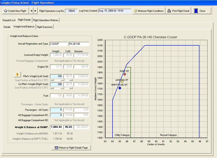 Langley Flying School electronic flight training records for weight and balance control.  Langley Flying School.