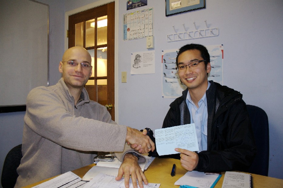 Congratulations to David Kim who successfully completed the qualiflying Flight Test for the Multi-engine Class Rating with Pilot Examiner Todd Pezer on November 16, 2009. Congratulations also to David's Flight Instructor, Phil Craig. 