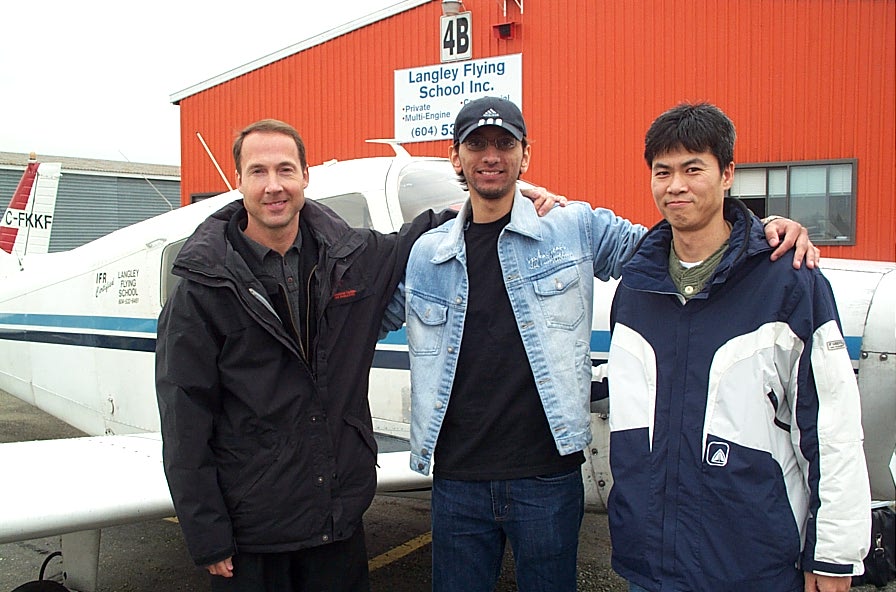 Mayank Mittal with Jeff Durrand and Flight Insgtructor Hoowan Nam after the successful completion of Mayank's Private Pilot Flight Test on January 18, 2008.  Langley Flying School.