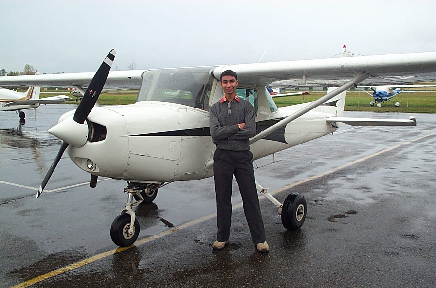 Mohammed Mohiuddin with Cessna GPUK moments after completing his First Solo Flight on October 20, 2007.  Langley Flying School.
