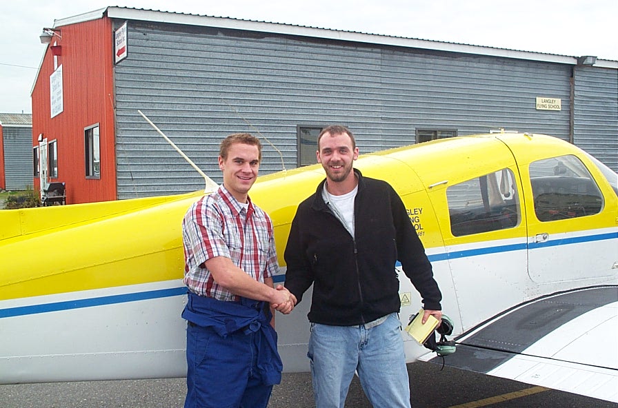 Steve Marsh with his Flight Instructor Ryan Gahan after completing his First Solo Flight.  Langley Flying School.