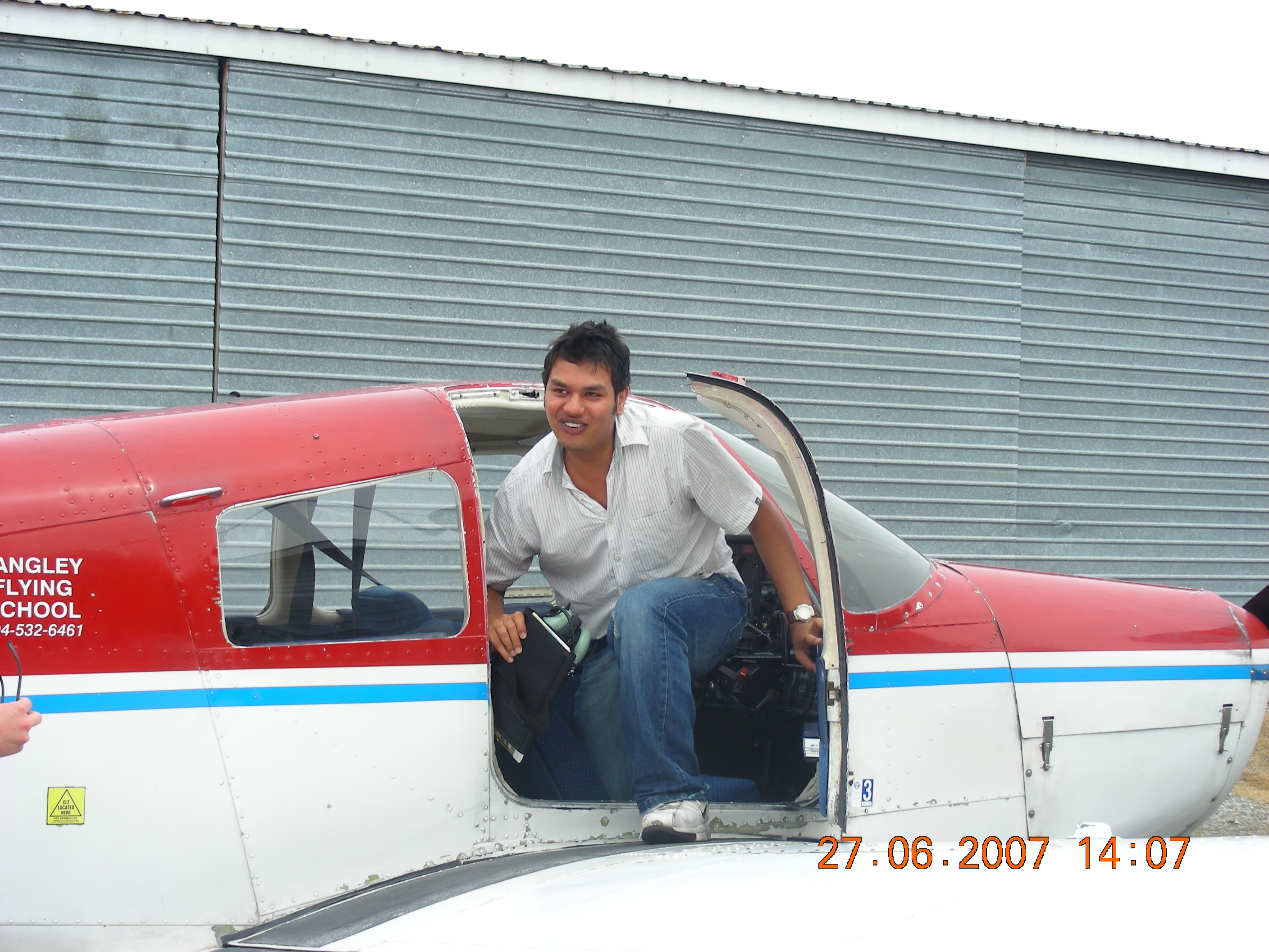 Vikas Choudhary on the wing of Cherokee FKKF after his First Solo Flight.  Langley Flying School.