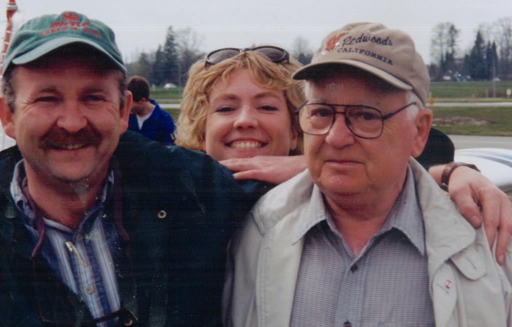 Gordon Zimmerman with his Son, then Chief Pilot of Air Canada Jazz, Rick Zimmerman, and Helen Rivest, Commercial pilot Graduate.  1997  Langley Flying School.